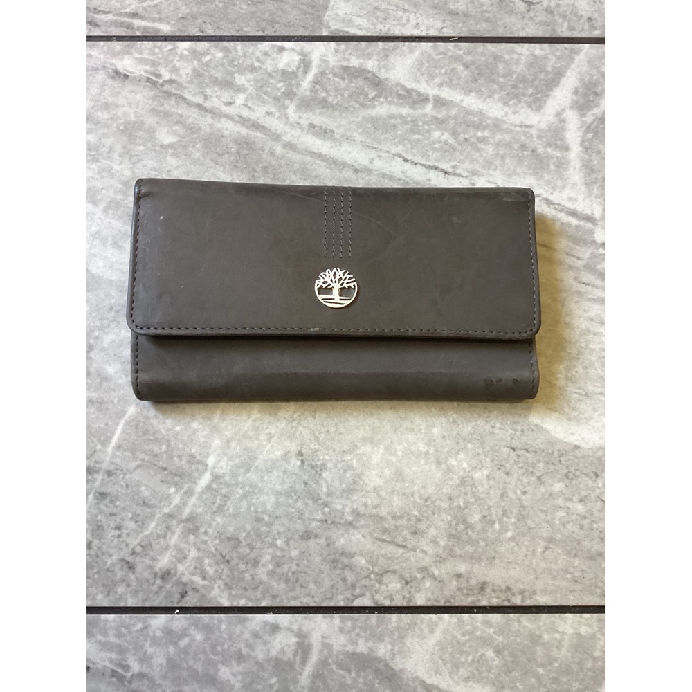 Timberland Womens Genuine Leather Trifold Clutch Wallet Gray Snap Logo Pocket